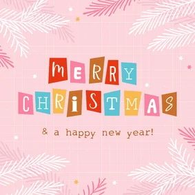 Vrolijke kerstkaart merry christmas roze en letters