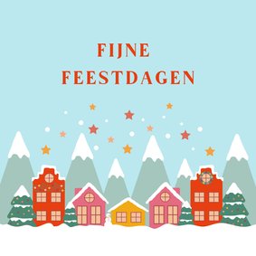 Vrolijke kerstkaart met dorp in winterlandschap