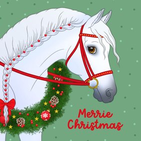 Vrolijke kerstkaart met een wit paard