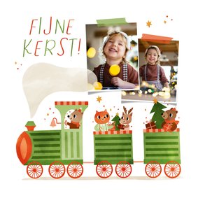 Vrolijke kerstkaart met fotos en een trein vol dieren