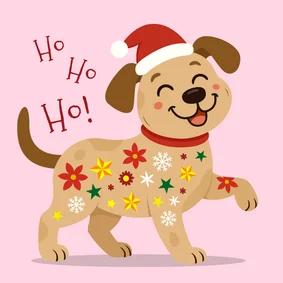 Vrolijke kerstkaart met hond en kerst items