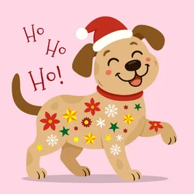Vrolijke kerstkaart met hond en kerst items