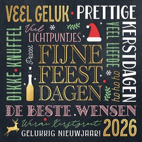 Vrolijke kerstkaart met typografie in goud en groen
