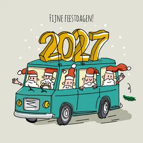 Vrolijke kerstkaart met vintage busje kerstmannen en jaartal