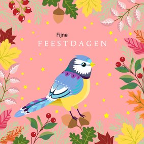 Vrolijke kerstkaart met vogel en planten en bloemen