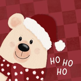 Vrolijke kerstkaart rode ruit en met beer en kerstmuts