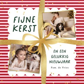 Vrolijke kerstkaart strik cadeau goud streep sterrenconfetti