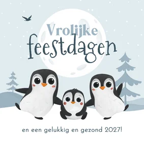 Vrolijke kerstkaart voor kinderen pinguïns winter landschap
