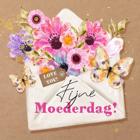 Vrolijke moederdagkaart envelop bloemen watercolor vlinders