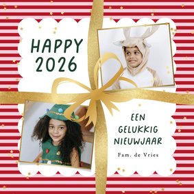 Vrolijke nieuwjaarskaart streeppatroon strik sterren goud