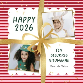 Vrolijke nieuwjaarskaart streeppatroon strik sterren goud