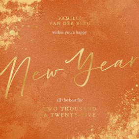 Vrolijke oranje nieuwjaarskaart met gouden glitters