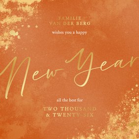 Vrolijke oranje nieuwjaarskaart met gouden glitters