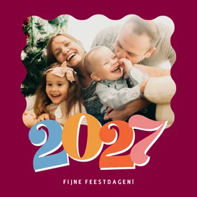 Vrolijke paarse foto kerstkaart met gekleurd jaartal