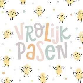 Vrolijke paaskaart met kuikentjes en paaswens