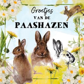 Vrolijke paaskaart met paashazen