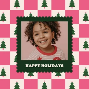 Vrolijke roze foto kerstkaart blokjespatroon met kerstbomen