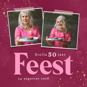 Vrolijke roze uitnodiging met glitters met foto feest