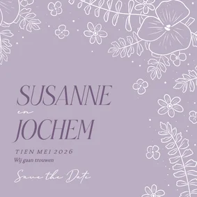 Vrolijke save the date kaart met bloemenkader in lila
