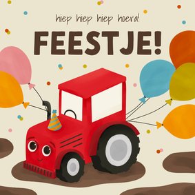 Vrolijke uitnodiging kinderfeestje tractor ballonnen