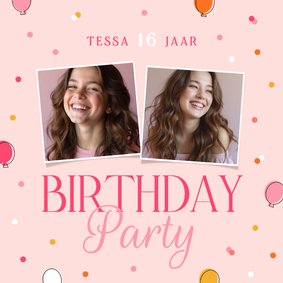 Vrolijke uitnodiging party roze ballonnen confetti en foto's