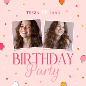 Vrolijke uitnodiging party roze ballonnen confetti en foto's