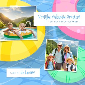 Vrolijke vakantiekaart fotocollage op kleurrijke zwembanden 