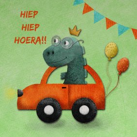 Vrolijke verjaardagskaart met dino in auto