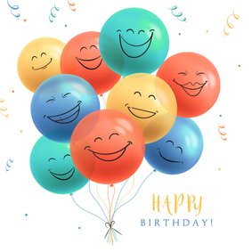 Vrolijke verjaardagskaart met gekleurde smiley ballonnen