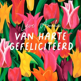 Vrolijke verjaardagskaart met gekleurde tulpen