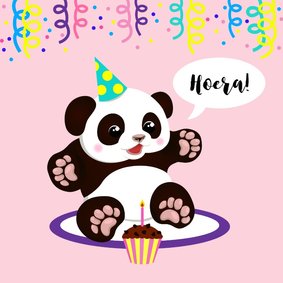 Vrolijke verjaardagskaart met panda, cupcake en slingers
