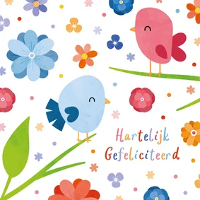 Vrolijke verjaardagskaart met vogels en bloemen