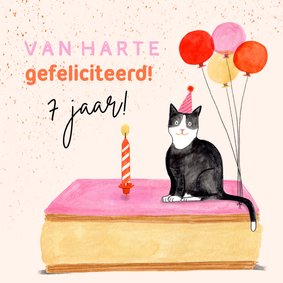 Vrolijke verjaardagskaart tompouce poes ballonnen leeftijd