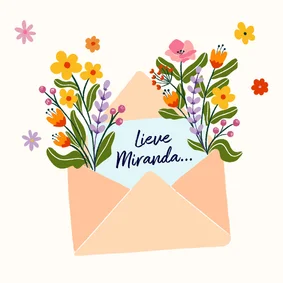 Vrolijke wenskaart met envelop met bloemen