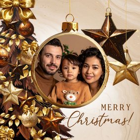 Warme kerstkaart bruine kerstboom kerstballen, ster en foto