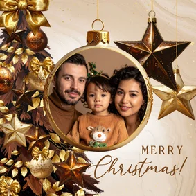 Warme kerstkaart bruine kerstboom kerstballen, ster en foto