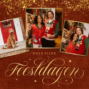 Warme kerstkaart fijne feestdagen goud fotocollage sterren