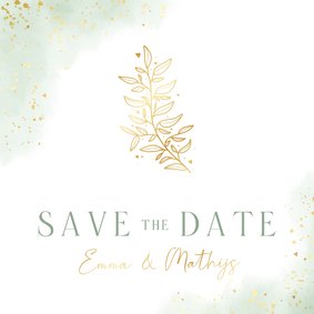Waterverf trouwkaart save the date met goudfolie takje