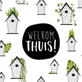 Welkom thuis kaart met kleine schattige huisjes