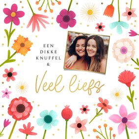 Wenskaart bloemen foto veel liefs foto goud confetti