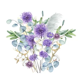 Wenskaart Bloemen in paars met eucalyptus