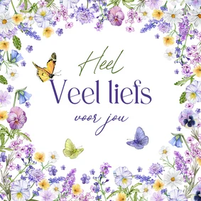 Wenskaart bloemenrand en vlinders