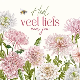 Wenskaart dahliabloemen met hommel