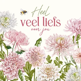Wenskaart dahliabloemen met hommel