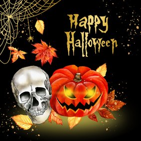 Wenskaart Halloween pompoen doodskop herfstblad