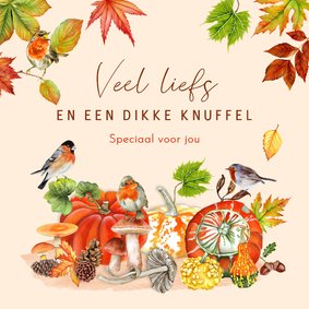 Wenskaart herfst met kalebassen pompoen en vogeltjes