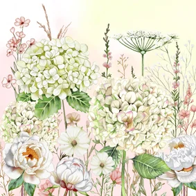 Wenskaart hortensia's en rozen in de tuin