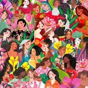 Wenskaart internationale vrouwendag vrouwen en bloemen