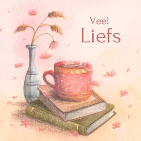 Wenskaart liefs kopje thee op een stapel boeken