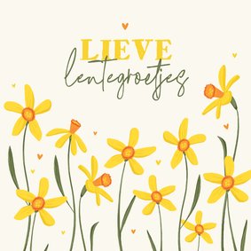 Wenskaart lieve lentegroetjes narcissen bloemen hartjes